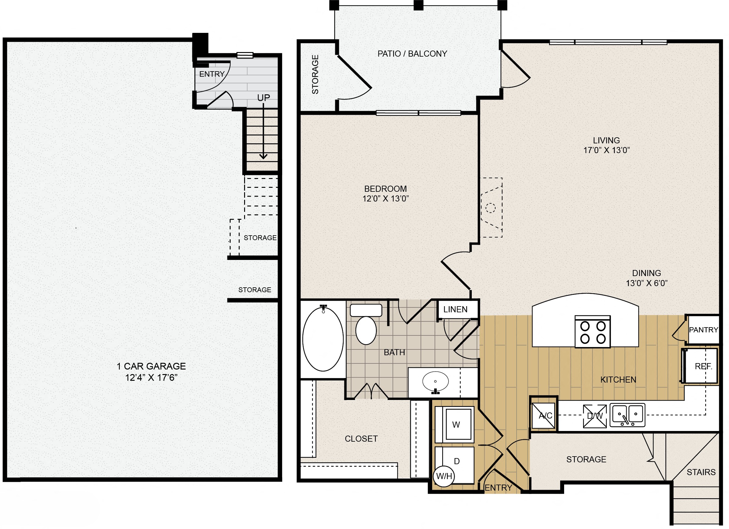 Floor plan for 1 bed, 1 bath, 864 sqft